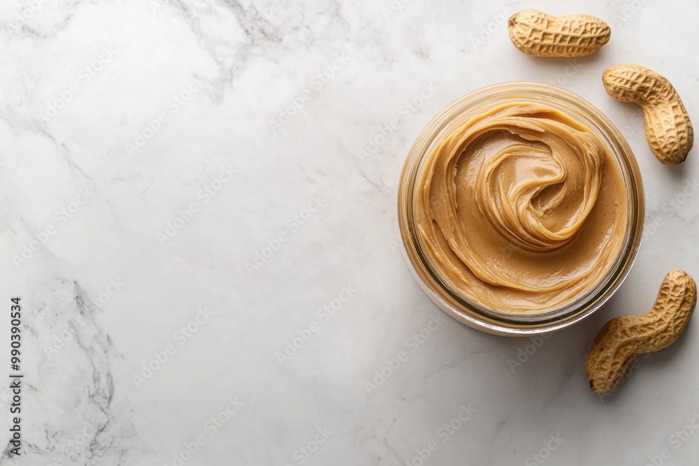 Smooth peanut butter spread in a jar with peanuts on a marble surface Smooth peanut butter spread in a jar with peanuts on a marble surface