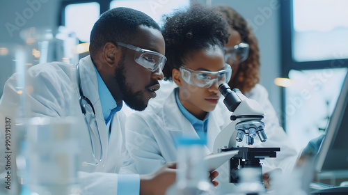 Modern Medical Research Laboratory Portrait of Latin and Black Young Scientists Using Microscope, Digital Tablet, Doing Sample Analysis, Talking. Diverse Team of Specialists work