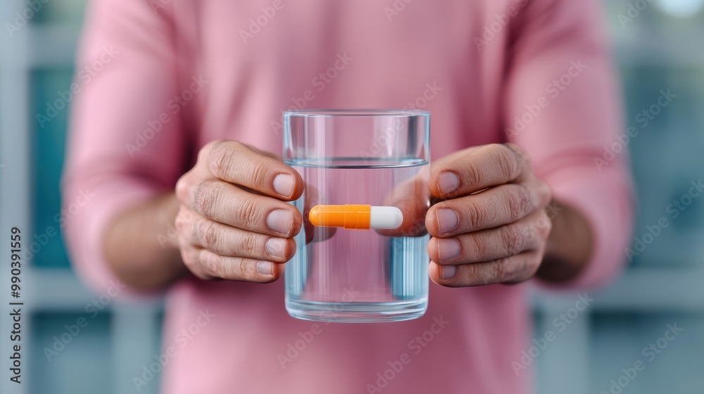 Man Holding Glass of Water and Capsule in Hand Man Holding Glass of Water and Capsule in Hand