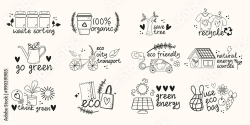 Set outline doodle ecology, bio labels badges letterings elements