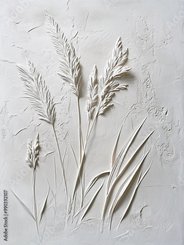 3D three-dimensional image of meadow grass on a concrete background. plants made of plaster.