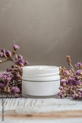 A minimalist skincare jar surrounded by delicate purple flowers, showcasing natural beauty and wellness.