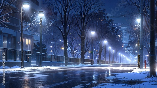 a city street with street lamps and snow on the ground in anime style