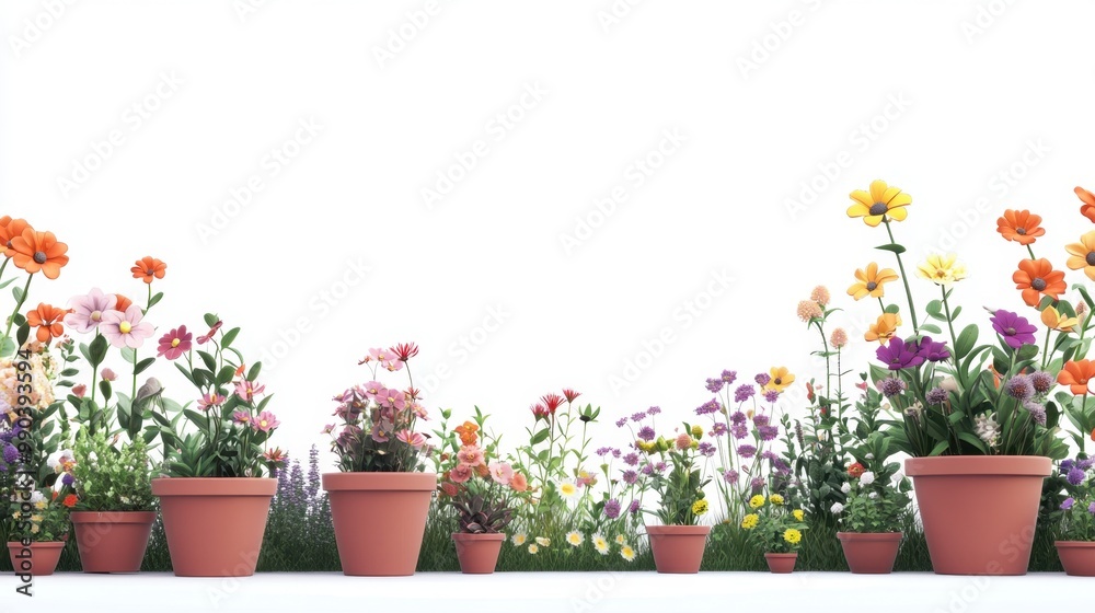 A series of potted plants stand neatly in a row against a white backdrop, showing off their vibrant greenery. Each pot features a unique design, adding charm to the arrangement. A series of potted plants stand neatly in a row against a white backdrop, showing off their vibrant greenery. Each pot features a unique design, adding charm to the arrangement.