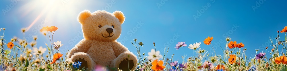 A cute teddy bear in a field of wildflowers under a clear blue sky basking in the sunlight A cute teddy bear in a field of wildflowers under a clear blue sky basking in the sunlight