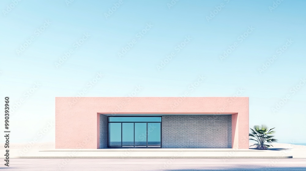 3D architectural rendering in clay of a soft pink building with a gray brick fade and blue roof. The minimalist, symmetrical design emphasizes simplicity. 3D architectural rendering in clay of a soft pink building with a gray brick fade and blue roof. The minimalist, symmetrical design emphasizes simplicity.