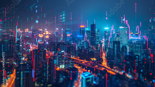 Night cityscape with colorful buildings, busy feel, overlay of stock market chart