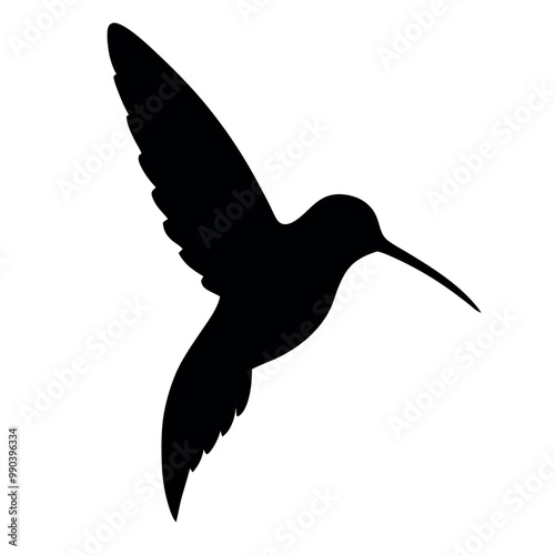 a black silhouette of a hummingbird in flight. The bird is in mid-flight, with its wings spread wide and its body slightly tilted upwards