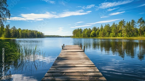 Lake Summer in Traditional Finnish Ambience: Beautiful Wooden Dock on a Sunny Day