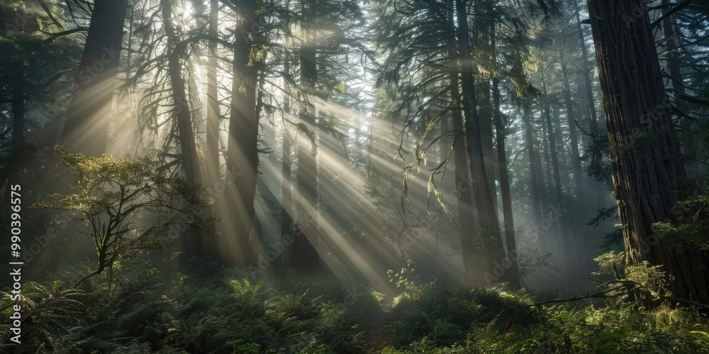 Light In The Dark. Awakening Light Rays in Serene Marin County Forest Landscape