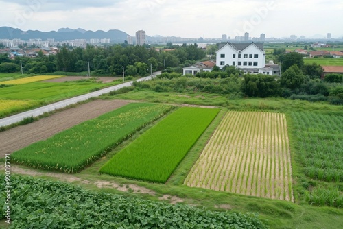 Lush Green Rice Fields with Distant Mountain View