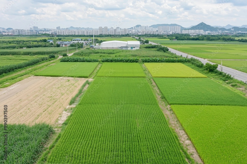 Fototapeta premium Lush Green Rice Fields with Distant Mountain View
