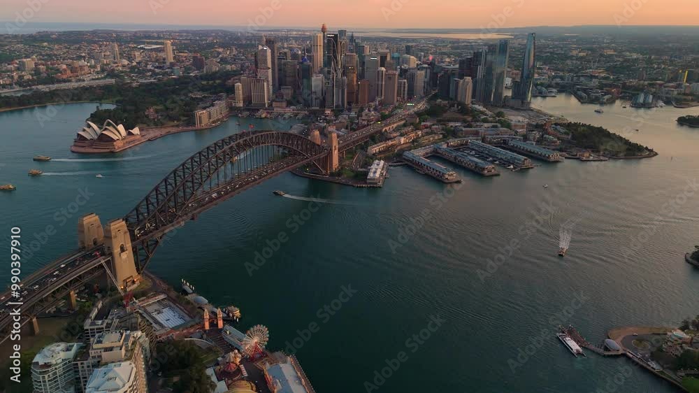 Aerial drone view of Sydney City, the Sydney Harbour and Harbour Bridge above Lavender Bay, NSW Australia on a sunny late afternoon in September 2024