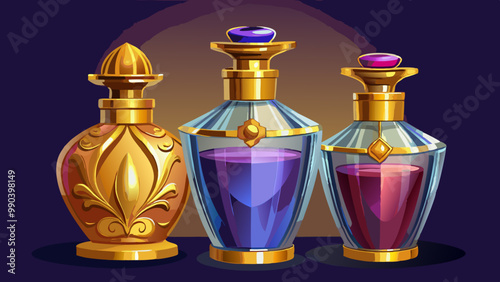 3D illustrations of glass bottles with golden caps, ideal for perfume and cosmetic products. These elegant and modern containers symbolize luxury and style, making them perfect for showcasing