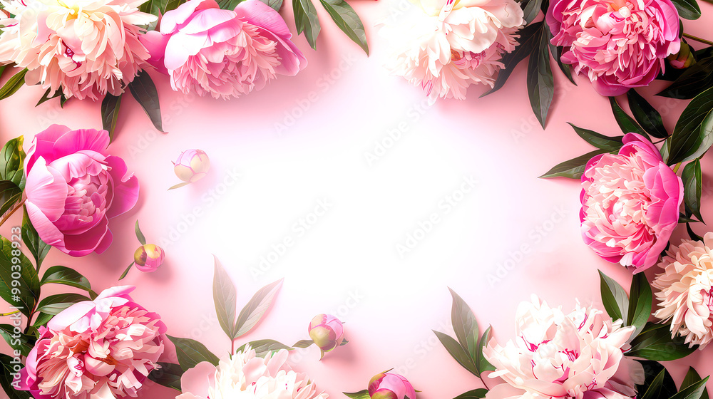 Frame made of of peony flowers with copy space for text on pink background. Flat lay, top view. Frame made of of peony flowers with copy space for text on pink background. Flat lay, top view.