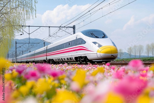 Modern High-Speed Train Passing Through Vibrant Countryside