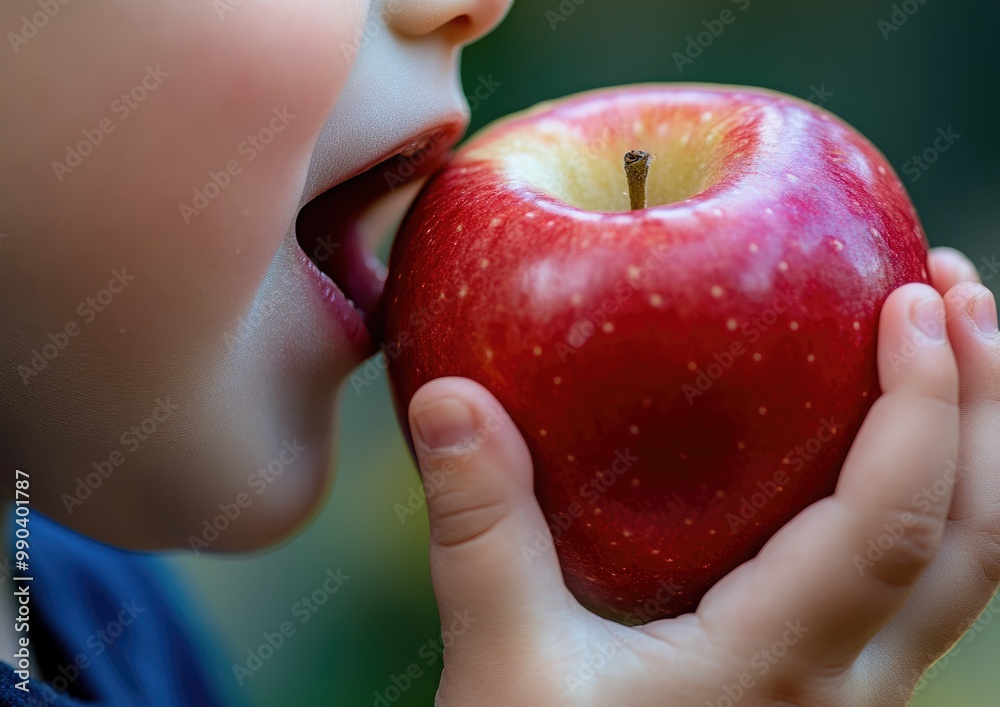 A young child is holding an apple and taking a bite out of it A young child is holding an apple and taking a bite out of it