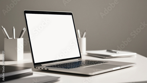 Empty Laptop Screen on Office Desk