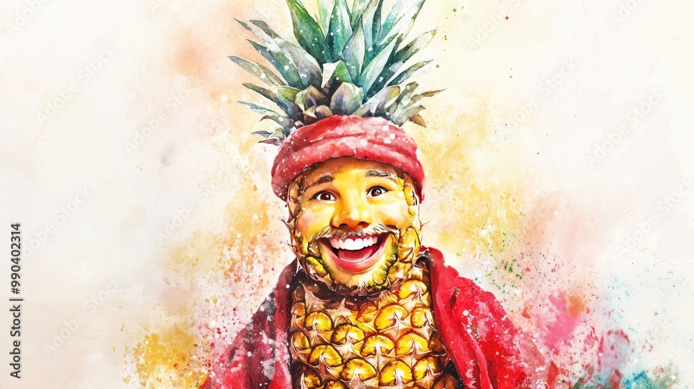 Fototapeta premium A happy pineapple dressed in Christmas clothes, smiling brightly in a festive watercolor illustration.