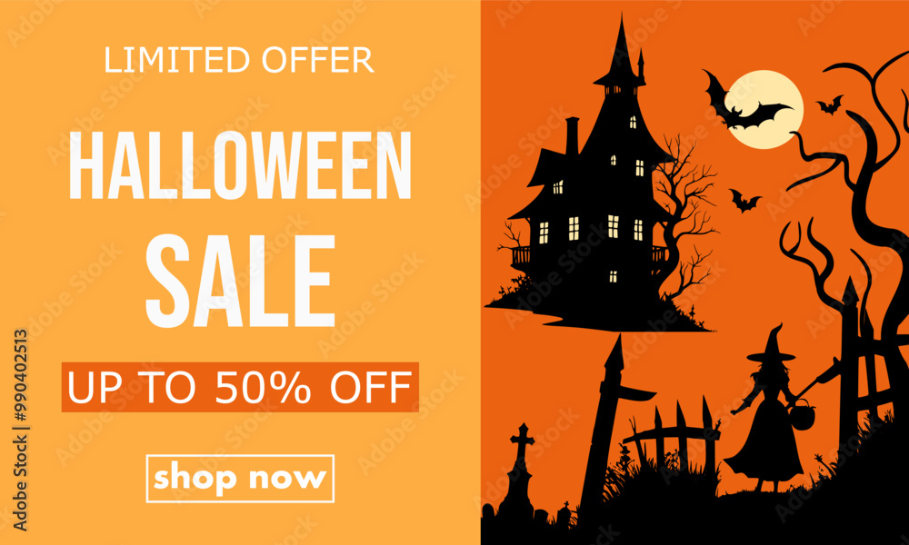 halloween sale, template discount banner design with silhouettes of creepy house, graves, bats and witch to promote purchases in the autumn season. modern bright vector illustration en pumpkin orange halloween sale, template discount banner design with silhouettes of creepy house, graves, bats and witch to promote purchases in the autumn season. modern bright vector illustration en pumpkin orange