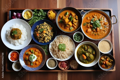 Culinary Adventure A Visual Experience of Aromatic Curries Nutritious Grains and Savory Meals on a Platter