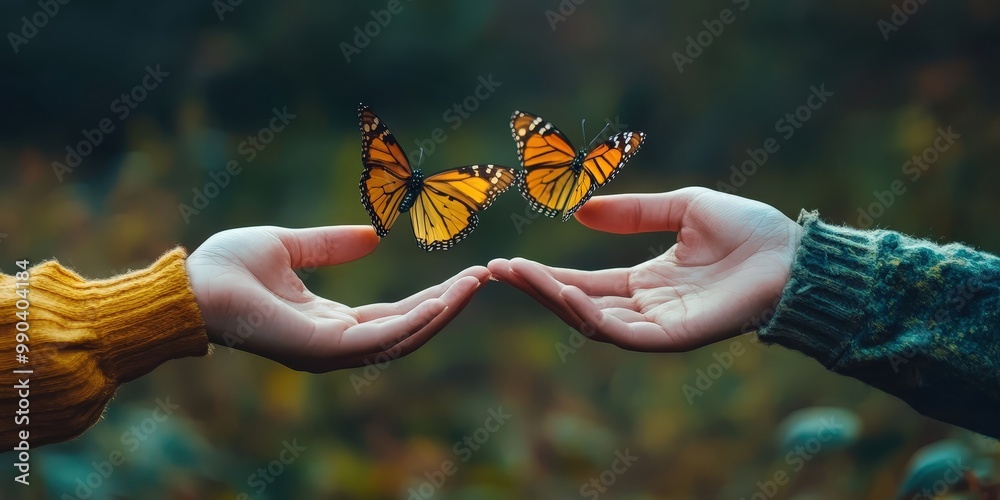 Two hands holding butterflies in a forest.