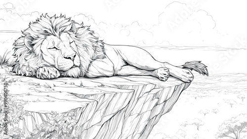 Lion Basking in the Sun Lying on a Cliff Coloring Book Page Detailed Illustration Sunny Cliff Scene Relaxing Wildlife Drawing for Children Majestic Animal Art Page