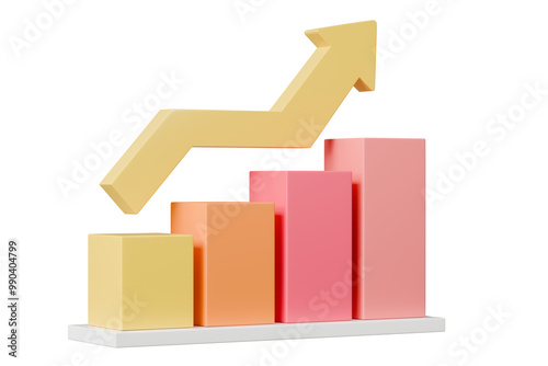 3D Bar Chart with arrow rising icon on isolated purple background. Soaring finances, strengthening currency concept. Minimal Data analysis bar pie graph growth up with an arrow rising icon. 3d render.