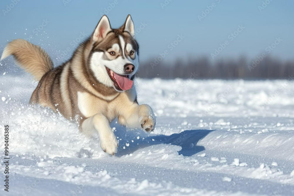 A playful dog runs joyfully through the snow, showcasing its energy and happiness in a winter landscape. A playful dog runs joyfully through the snow, showcasing its energy and happiness in a winter landscape.