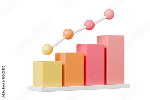 3D Bar Chart with arrow rising icon on isolated purple background. Soaring finances, strengthening currency concept. Minimal Data analysis bar pie graph growth up with an arrow rising icon. 3d render.