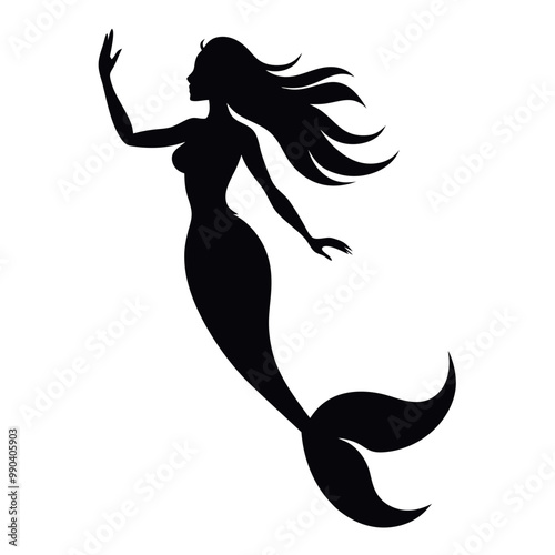 a black silhouette of a mermaid. The mermaid is shown in a side view, with her body facing towards the right side of the image