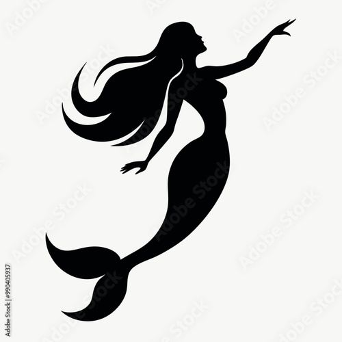 a black silhouette of a mermaid. The mermaid is shown in a side view, with her body facing towards the right side of the image