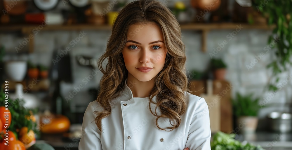 Woman with long brown hair and a white chef's coat. She is standing in a kitchen counter with a variety of fruits, vegetables. a woman with a background in nutrition, exuding a sense of knowledge Woman with long brown hair and a white chef's coat. She is standing in a kitchen counter with a variety of fruits, vegetables. a woman with a background in nutrition, exuding a sense of knowledge