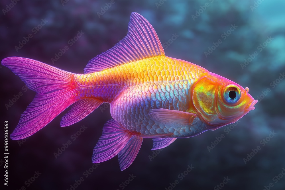 Gold fish is swimming in a tank. The fish is orange and has a blue tail. It is swimming near the bottom of the tank. A single goldfish swimming in an aquarium. Gold fish is swimming in a tank. The fish is orange and has a blue tail. It is swimming near the bottom of the tank. A single goldfish swimming in an aquarium.