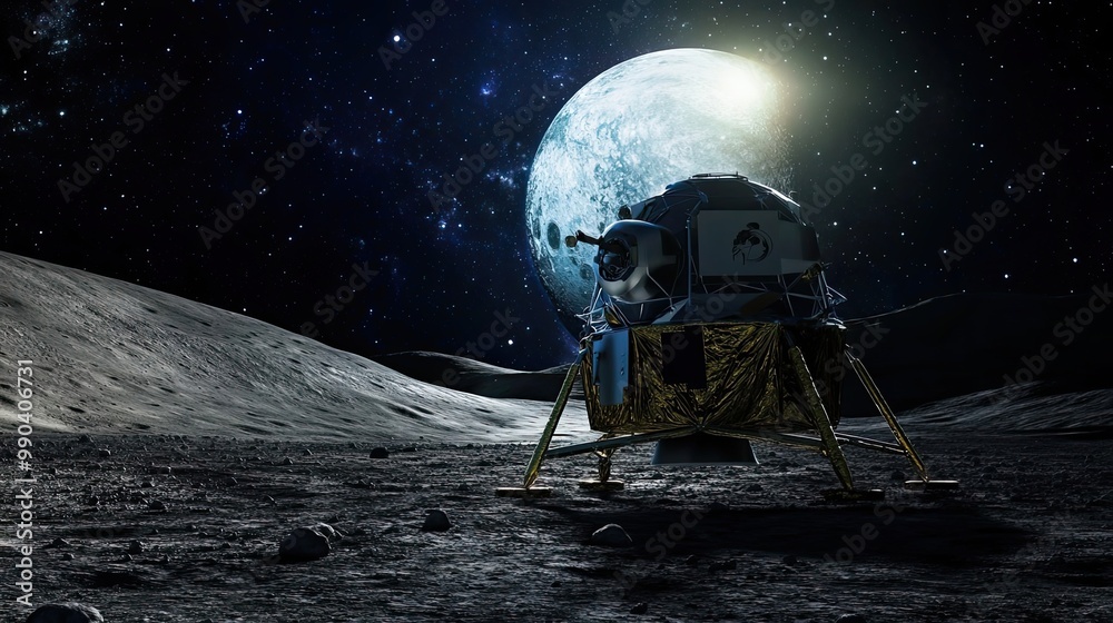 Obraz premium Lunar Module Landing on the Moon with a Large Crater in the Background