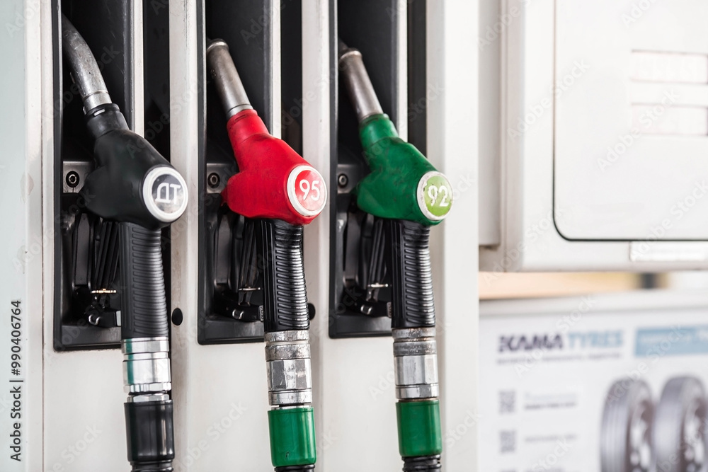 Gas station. Refueling the car with gasoline. A Russian fuel dispenser at a gas station. Rising fuel prices around the world.