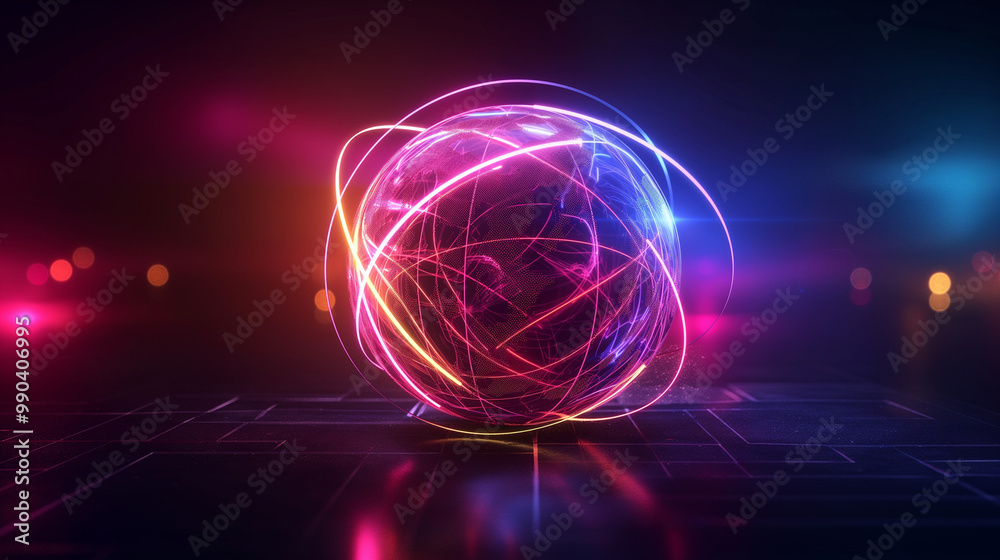 3D render of a colorful glowing sphere with lines and glow on a dark ...