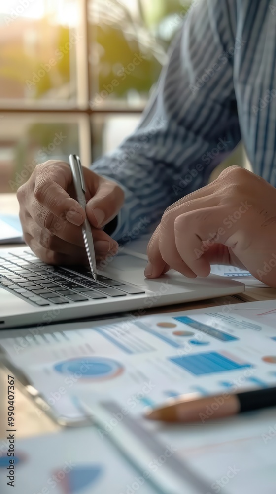 Fototapeta premium Close-up of a professional working on a laptop, analyzing financial charts and graphs with documents and a pen on the desk.