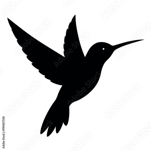 a hummingbird in flight. The hummingbird is in mid-flight, with its wings spread wide and its body slightly tilted upwards silhouette