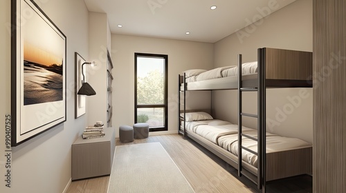 A modern, elegant bedroom featuring sleek bunk beds, clean lines, and minimalist . Neutral tones and contemporary furniture add sophistication to the space.