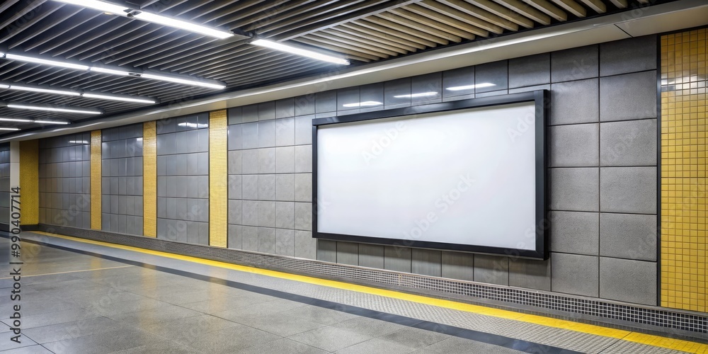 Blank Billboard in Subway Station, Grey and Yellow Tiles, Modern Interior, Subway, Station, Advertising Blank Billboard in Subway Station, Grey and Yellow Tiles, Modern Interior, Subway, Station, Advertising
