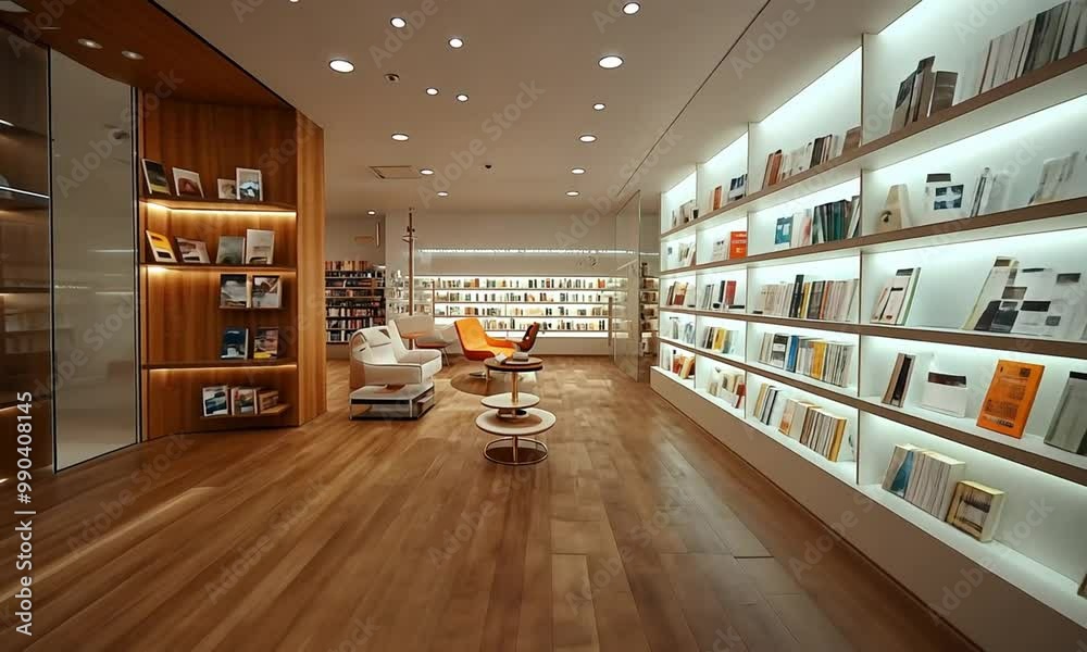 Modern interior of a bookstore featuring seating and illuminated book displays.