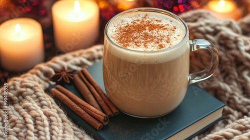 Winter Beverage with Frothed Milk, Candles, and Ample Copy Space