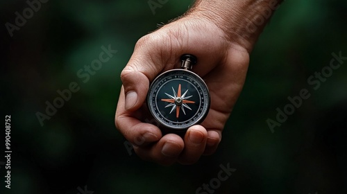 Finding Your Way: A hand holds a classic compass, its needle pointing true north, symbolizing direction, guidance, and the journey ahead. 