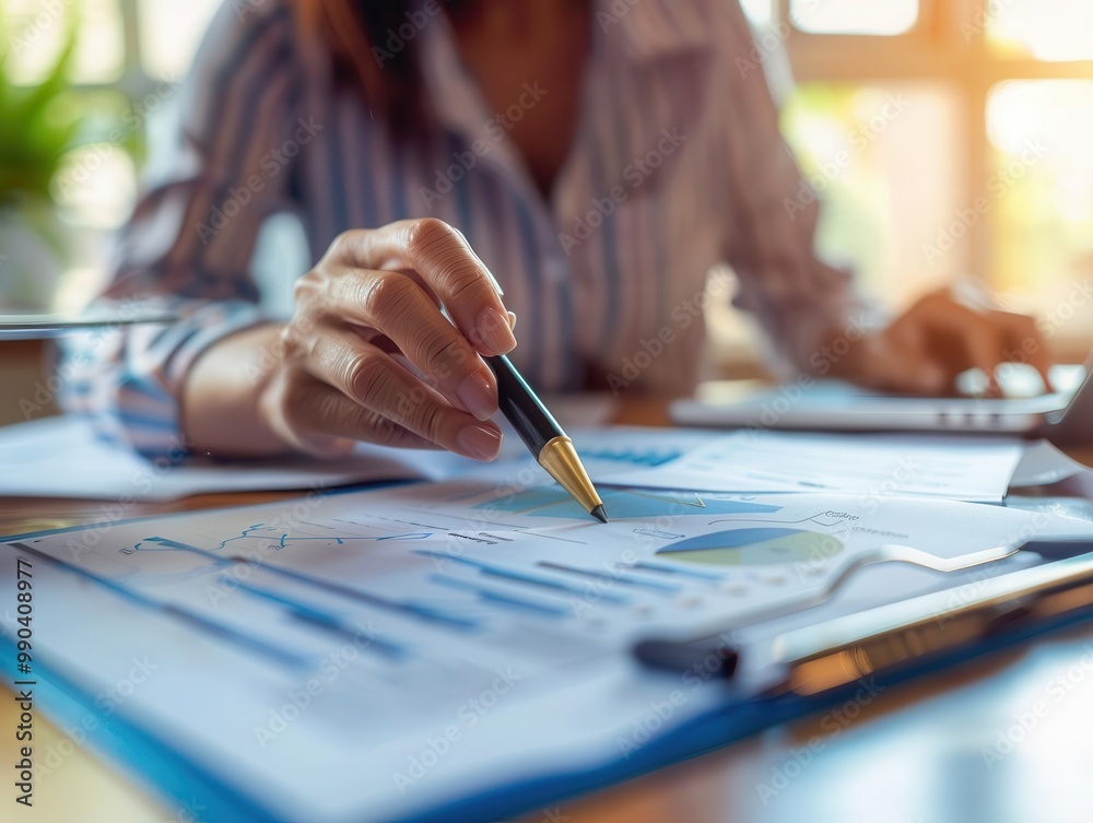 Businesswoman analyzing financial documents in the office, focusing on graphs and data charts for a report. Dedication and focus on finance. Businesswoman analyzing financial documents in the office, focusing on graphs and data charts for a report. Dedication and focus on finance.