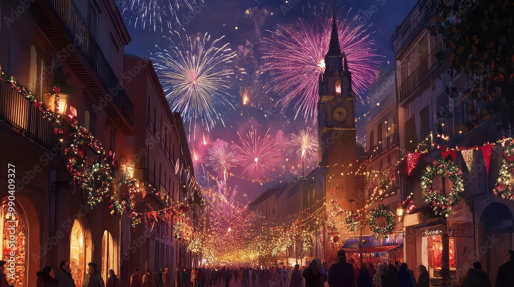 Naklejka premium New Year's Eve Celebrations in Major Cities Around the World, Generative AI
