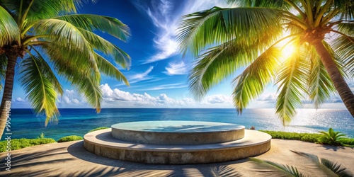 Palm Trees Framing a Sun-Kissed Ocean View, Concrete Platform, Tropical Paradise, Beach, Vacation, Travel