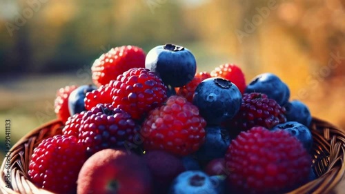 cinematic keyframe featuring a beautifully arranged autumn basket overflowing with a vibrant mix of juicy berries and blueberries