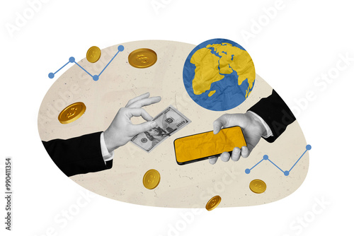 Fototapeta Naklejka Na Ścianę i Meble -  Creative poster collage of businessman hands holding dollar banknote device ecommerce online business planet earth earn money sell