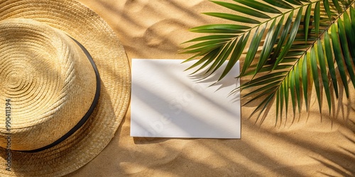 Summer Beach Still Life with Palm Leaves, Straw Hat and White Card, Beach Vacation, Travel, Summertime ,beach ,vacation
